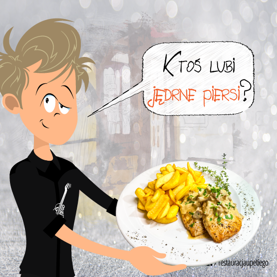 Obraz przedstawia piersi z kurczaka w sosie z kurek z frytkami w restauracji U Petiego w Karpaczu